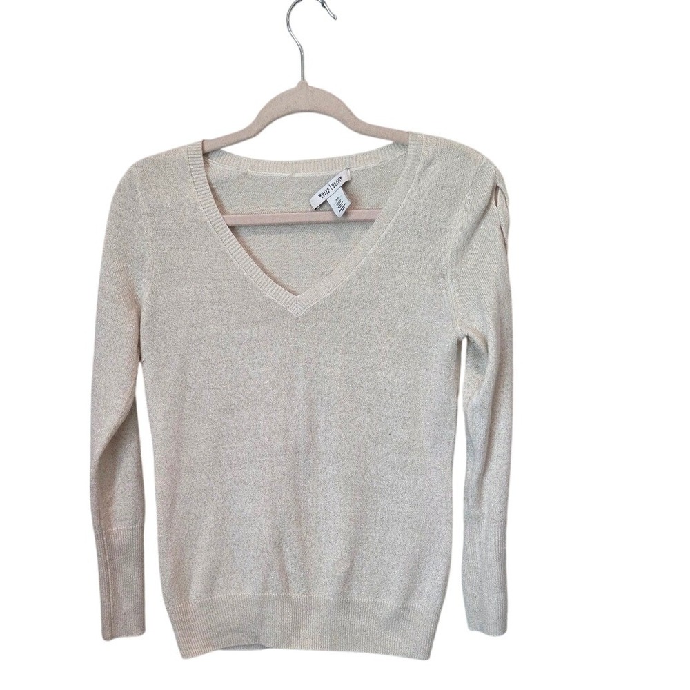 White House‎ Black Market XS Cream Metallic Knit V Neck Long Sleeve Sweater